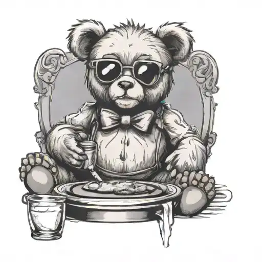 Teddy Bear With A Hanging Belly In Dark Glasses And A Tray In His Paw
