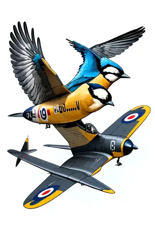 Spitfire Plane And Blue Tit Bird Flying Together