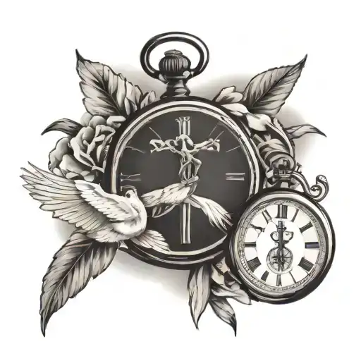 Cross In Clouds With Pocket Watch Olive Branches And Dove