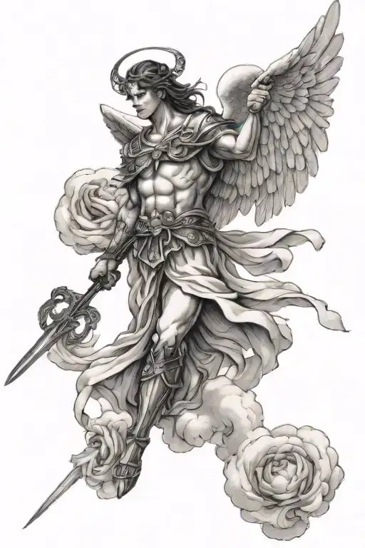 An Angel In The Clouds Holding A Sword With A Scale Of Justice Behind Him