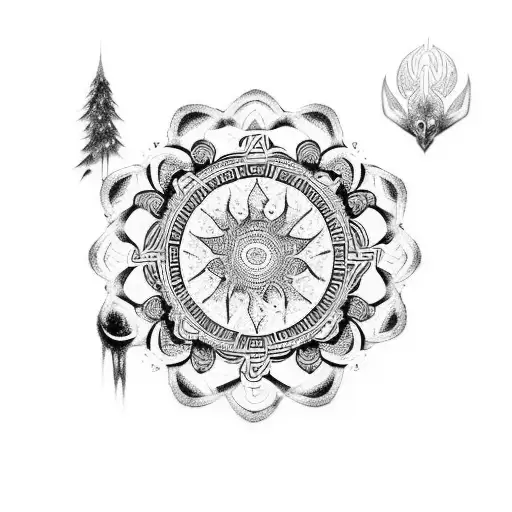 An Intricate Mandala Design Incorporating Elements Of Nordic Mythology And Video Game Characters