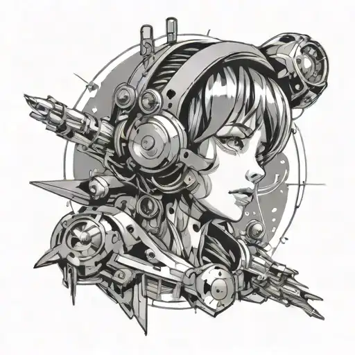 A Tattoo Of A Technology-themed Anime Character Merging With Futuristic Machinery In Space