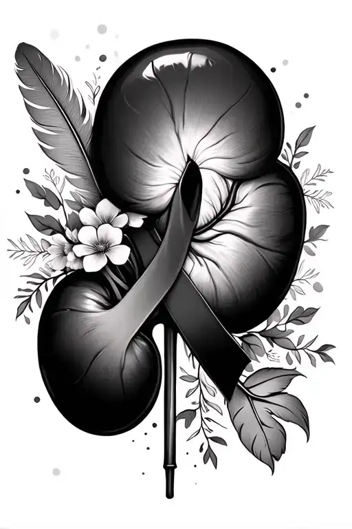 Realistic Kidney With Cancer Ribbon And Feather With Floral