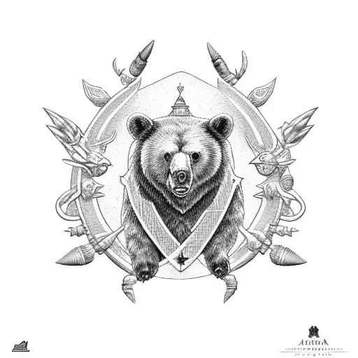 Tattoo On The Chest Russian Style Axe Bear Scorpion Flowers Birds