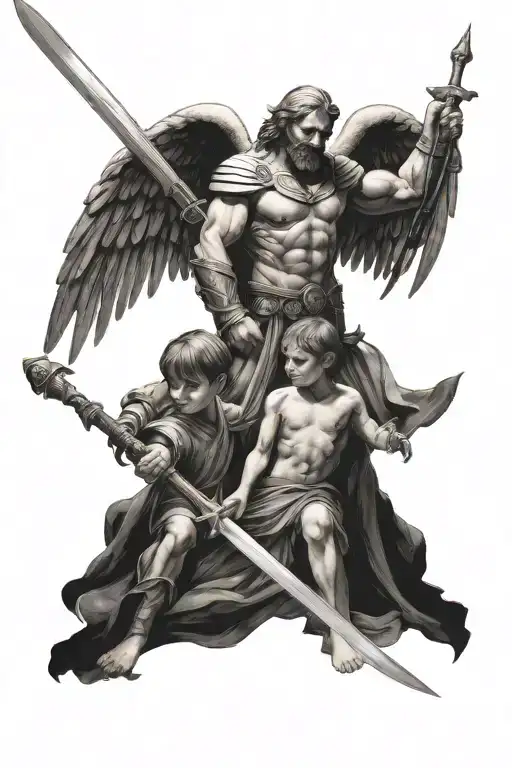 Dad And Son Whit Angel Holding A Sword