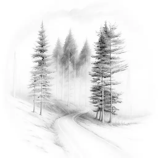 A Black-grey Tattoo Of A Forest Scene With A Winding Road Leading Into The Distance