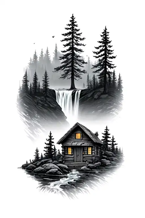 Small Cabin In Woods With Waterfall Behind