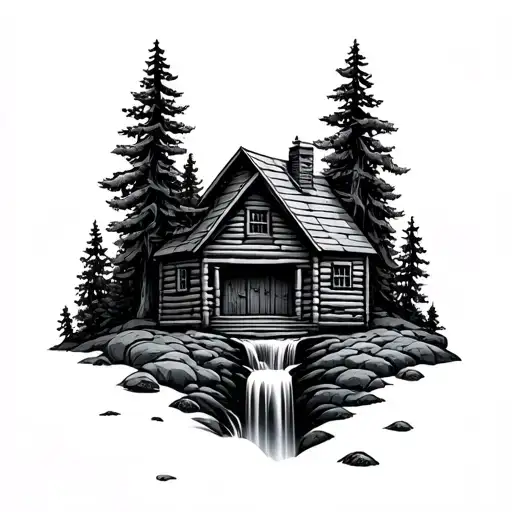 Small Cabin In Woods With Waterfall Behind