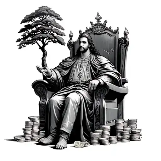 King Sitting On Throne With Stacks Of Money Tree Growing