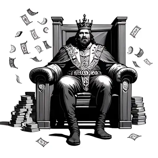 King Sitting On Throne With Stacks Of Money Raining