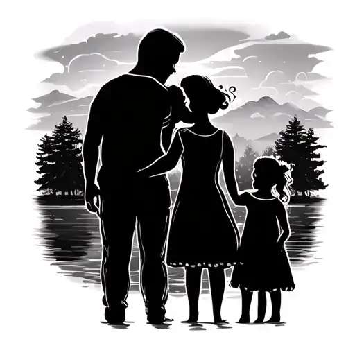 Family Of 3 Dad Mom And Daughter With Background Landscape