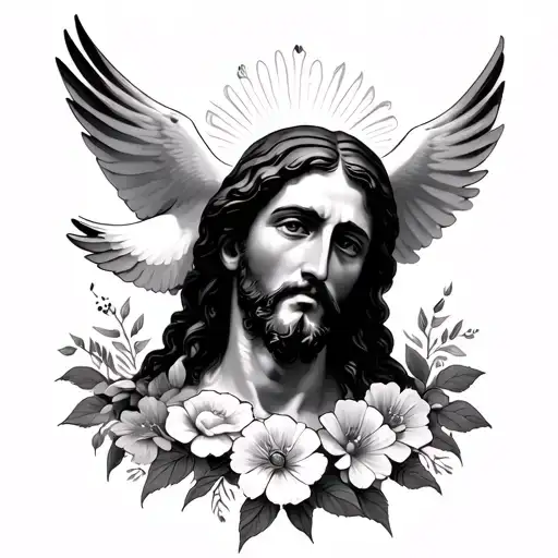 Jesus Portrait With Dove And Flowers