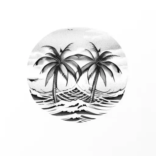 Two Palm Trees With Wave And Sunset