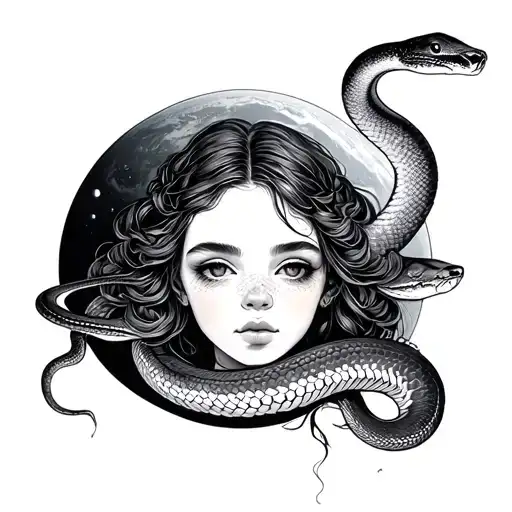 Girl With A Protruding Snake Against The Backdrop Of The Planet Venus