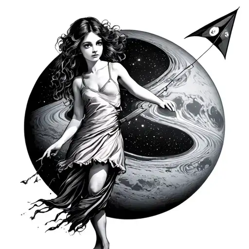 Girl With A Kite Against The Backdrop Of The Planet Venus