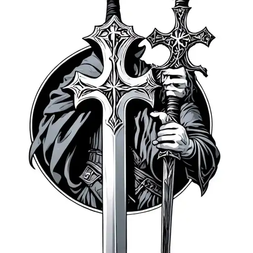Crusader Holding Sword With A Cross