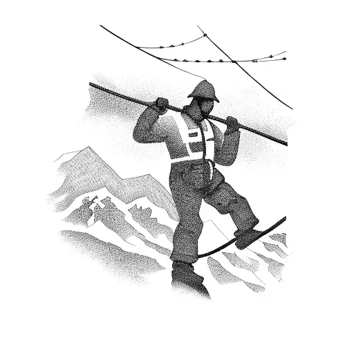 A Silhouette Of A Lineman Working On A Powerline Against A Backdrop Of A Mountain Range