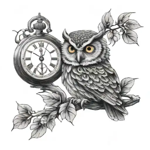 A Wise Owl Perched On A Branch With A Vintage Pocket Watch In Its Talons
