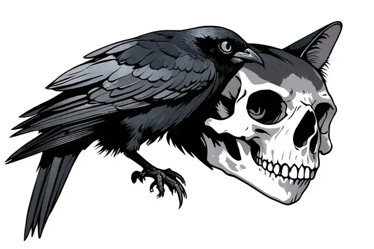 Cat Skull With A Crow Perched On It