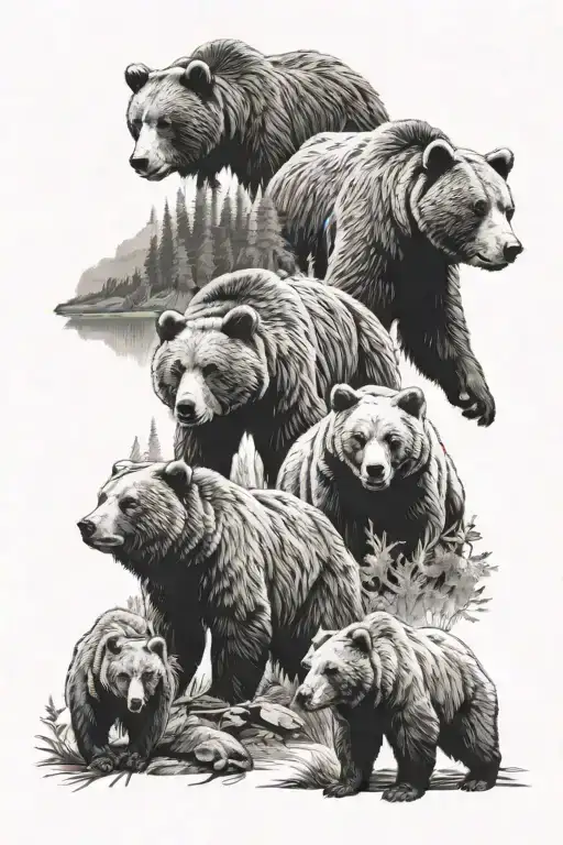5 Bears With Forest Landscape