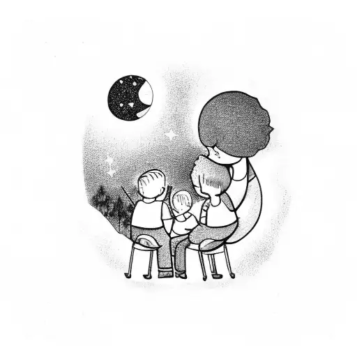 A Mother And Two Sons Reading Together Under A Starry Sky