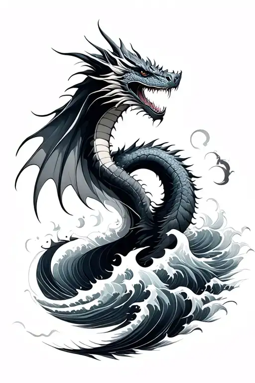 Sea And Waves Forming The Shape Dragon Emerging