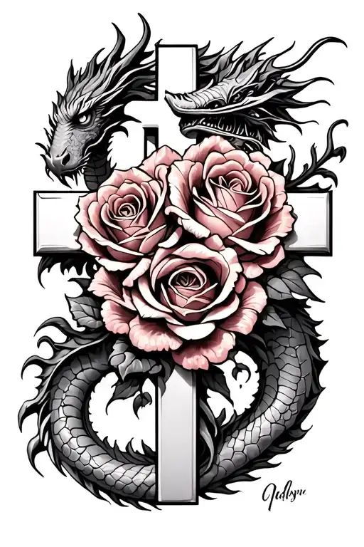 Cross With Roses And A Dragon
