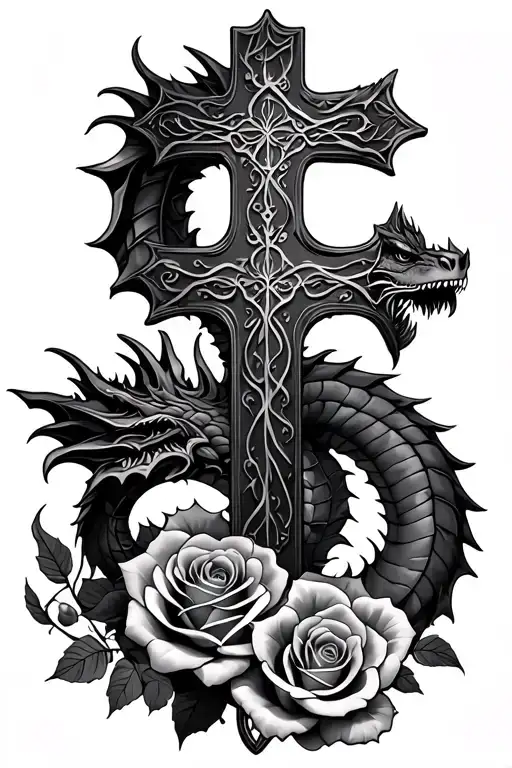 Cross With Roses And A Dragon