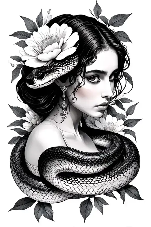 Woman With Snake With Flowers