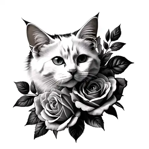 White Cat In Roses