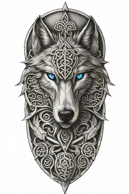Wolf With Blue Eyes On Armor Tattoo Design Featuring Celtic Trinity Knot