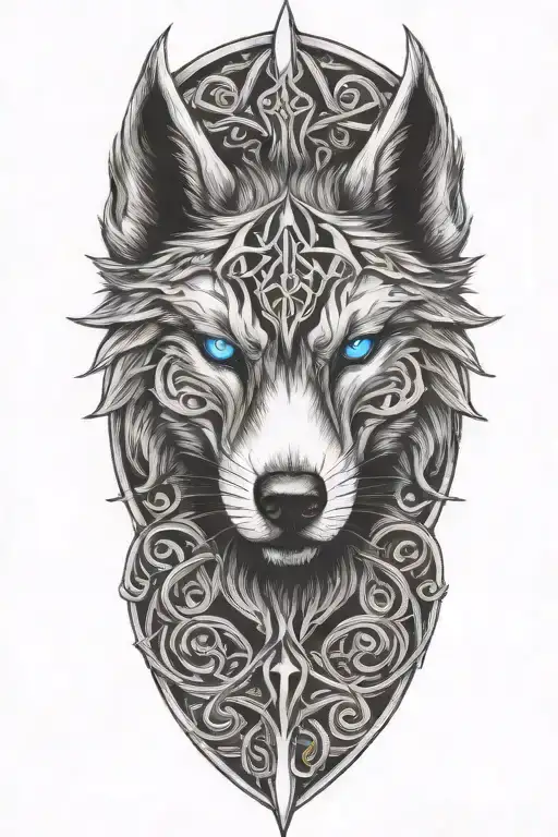 Wolf With Blue Eyes On Armor Tattoo Design Featuring Celtic Trinity Knot