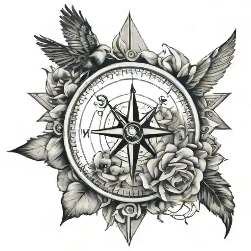 Compass With Arrow Through Middle Flowers Around Outside And A Soaring Bird Map