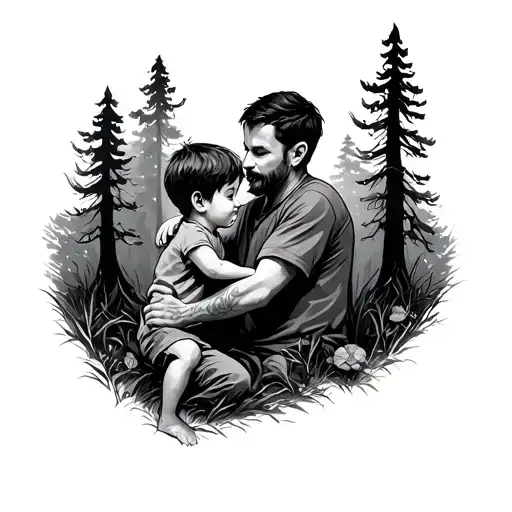 Child With His Dad In A Forest Behind