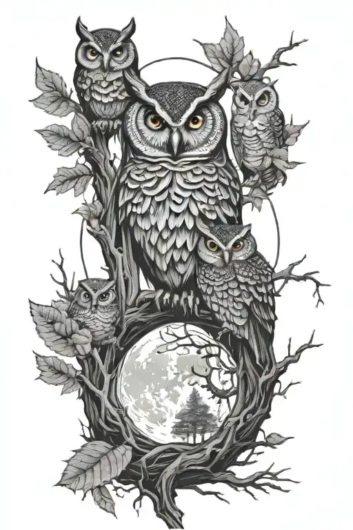 Forest Surround By The Moon With Owls Sitting On A Branch
