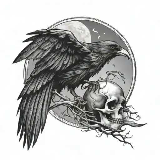Flying Crow With Skull And Moon