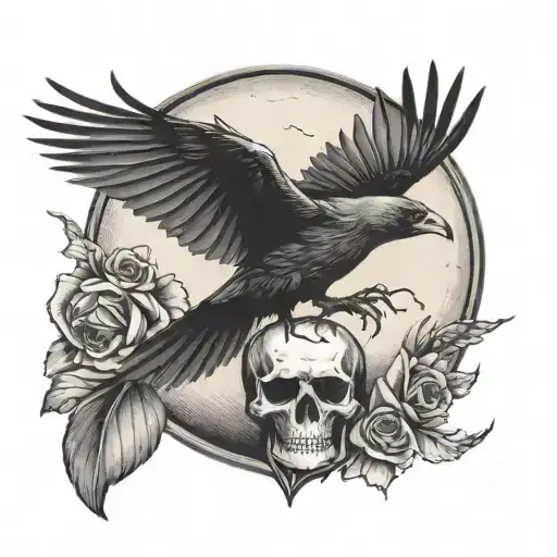 Flying Crow With Skull And Moon