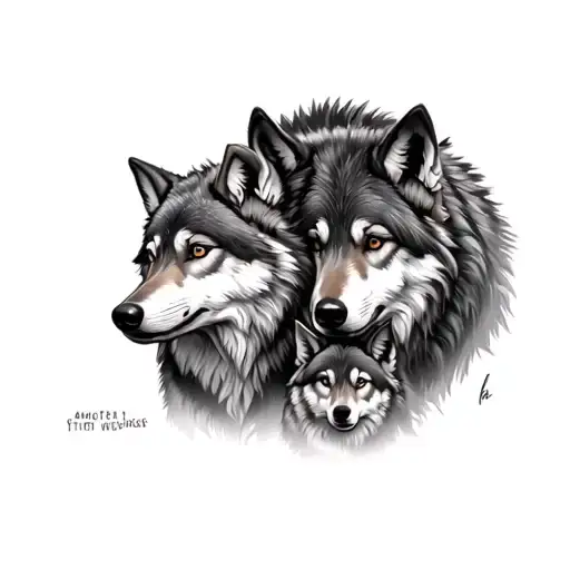 Wolf With Their Two Children In The Arm