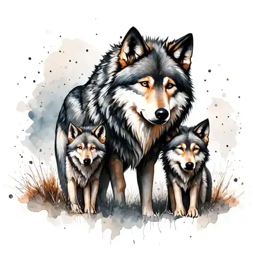 Wolf With Their Two Children In Watercolor