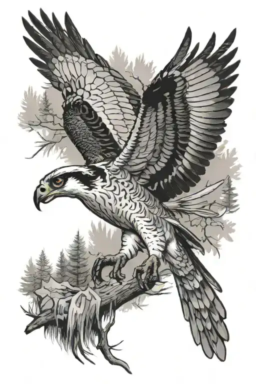 An Osprey Flying And Holding A Small Trout Near The River In The Forest
