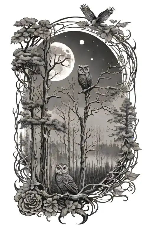 Forest Landscape With The Moon And Owls Representing The Bond