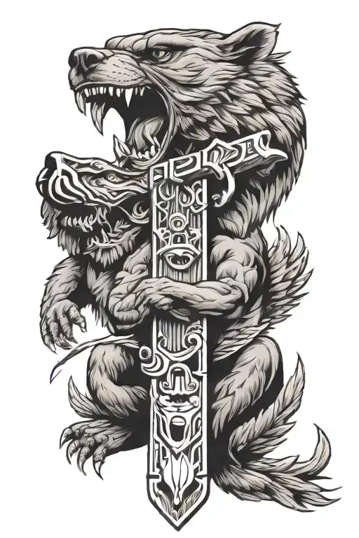 Totem Pole Bear Mouth Open With Bass Fighting An Eagle