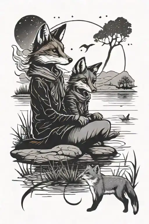 Silhouette Of A Girl And A Fox Sitting By The River Under The Stars