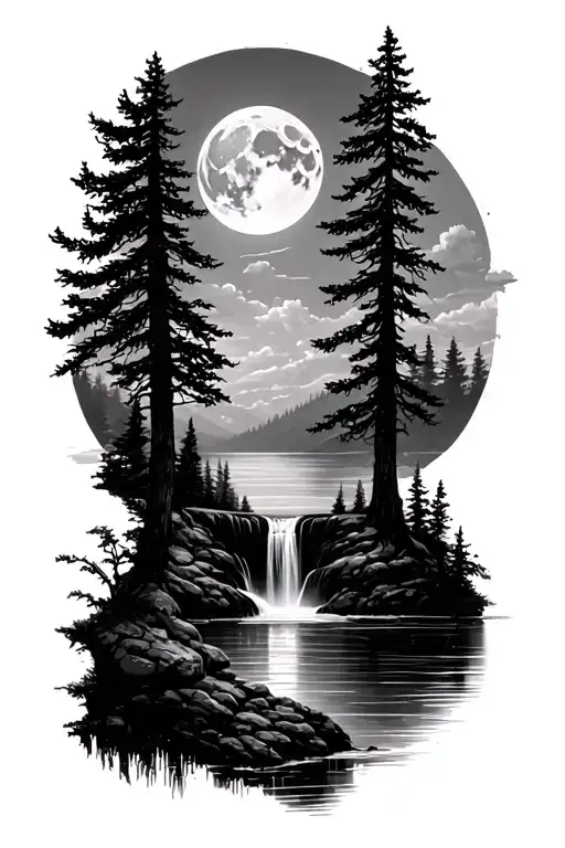 Waterfall That Ends In A Lake In A Forrest Clearing With A Moon Above The Trees