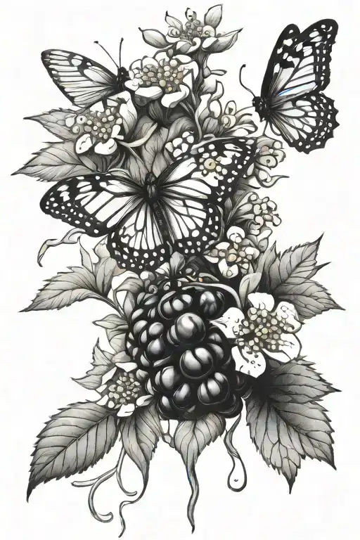 Blackberry Plant With Butterflie And Flowers Growing