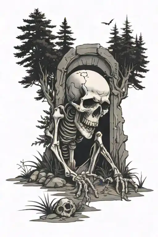 A Skeleton Crawling Out Of A Grave Surrounded By Pine Trees
