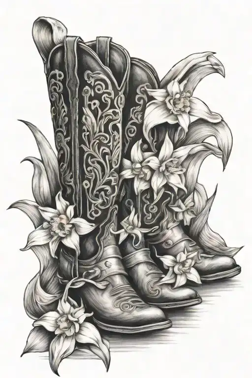 Cowboy Boots And Daffodil Flowers