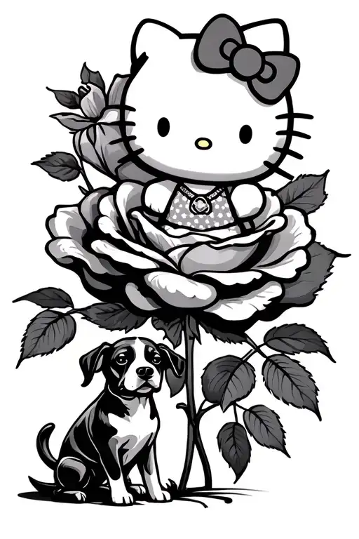 Hello Kitty On A Big Rose With A Dog Siting Next To Her