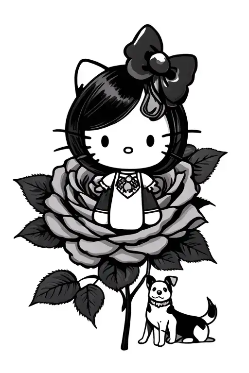 Kuromi From Hello Kitty On A Big Rose With A Dog Siting Next To Her