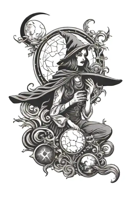 Witch With Crystal Ball And Moon Phases